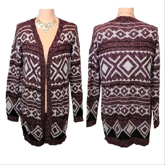 Pink Rose Red Black White Tribal Open Knit Long Cardigan Large - Picture 1 of 16